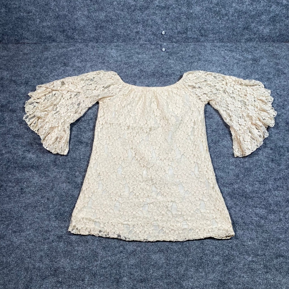 Elan Womens Cream Floral Lace Off Shoulder Ruffle Bell Sleeve Boho Top Large
